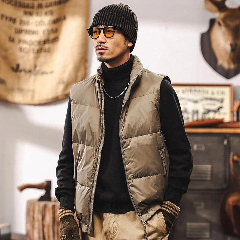 美式复古新国标90鸭绒轻便工装羽绒马甲男外穿冬季男士羽绒服外套