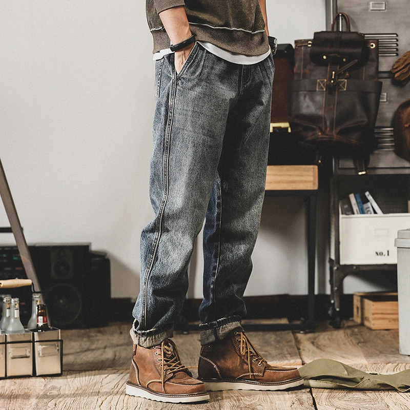 美式复古重磅做旧牛仔裤男秋季新款宽松直筒潮牌大码裤子男阔腿裤