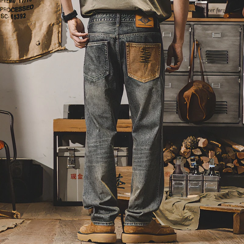 杰雷诺美式经典复古牛仔裤男宽松直筒黄泥染做旧裤子男秋冬款潮牌