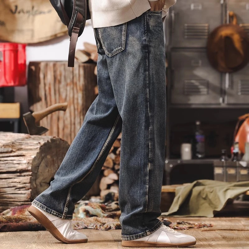 美式复古仿猞猁绒亲肤保暖加绒牛仔裤男秋季潮牌宽松直筒休闲长裤