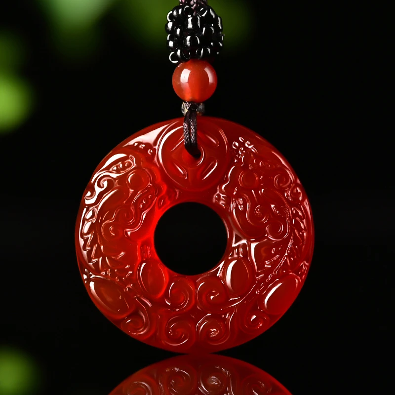 红玛瑙玉髓玉扣貔貅吊坠项链男女玉石本命年红色玉髓双貔貅玉坠