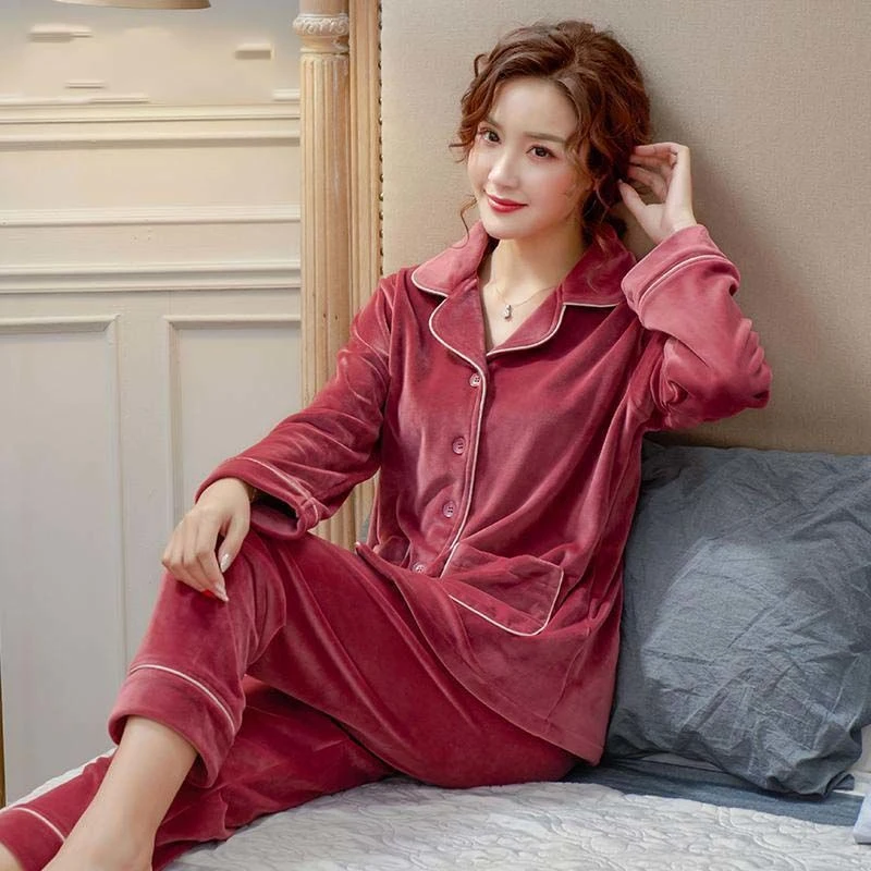 睡衣女秋冬季长袖加厚珊瑚绒保暖法兰绒家居服海岛绒中年妈妈套装