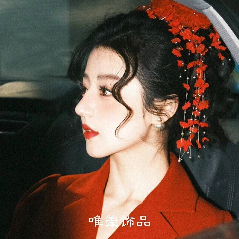复古新娘绢花结婚头饰怀旧新中式敬酒晚宴红色礼服头花盘发配饰品