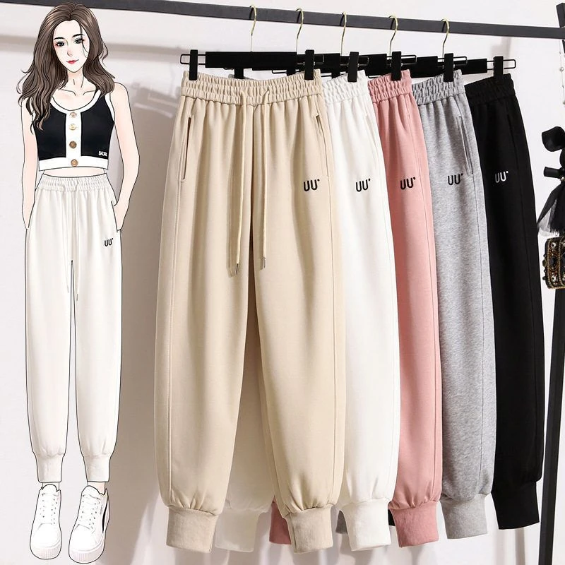 休闲运动裤女2024秋季新款百搭刺绣长裤高腰显瘦束脚女裤棉质裤子