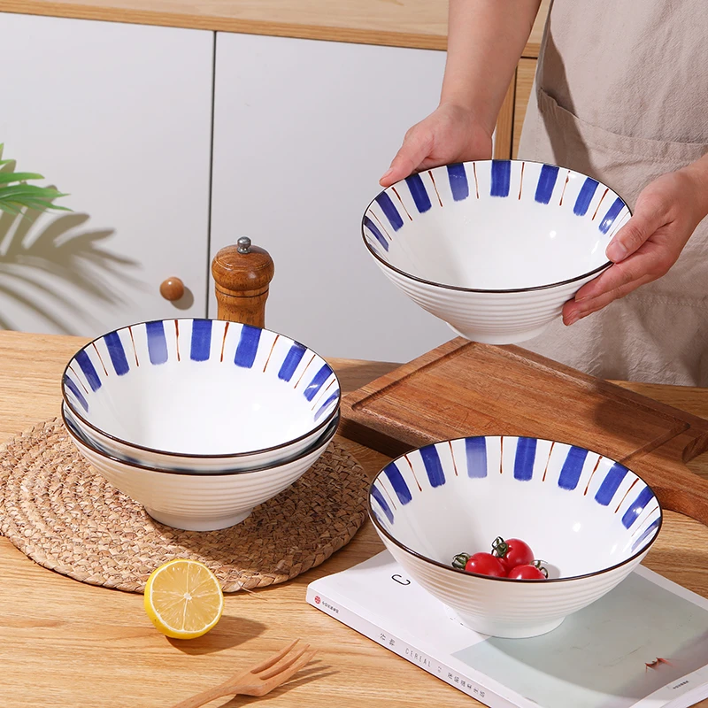 【唐贝宠粉】8英寸蓝方条斗笠碗吃面碗螺蛳粉网红餐具瓷县令陶瓷