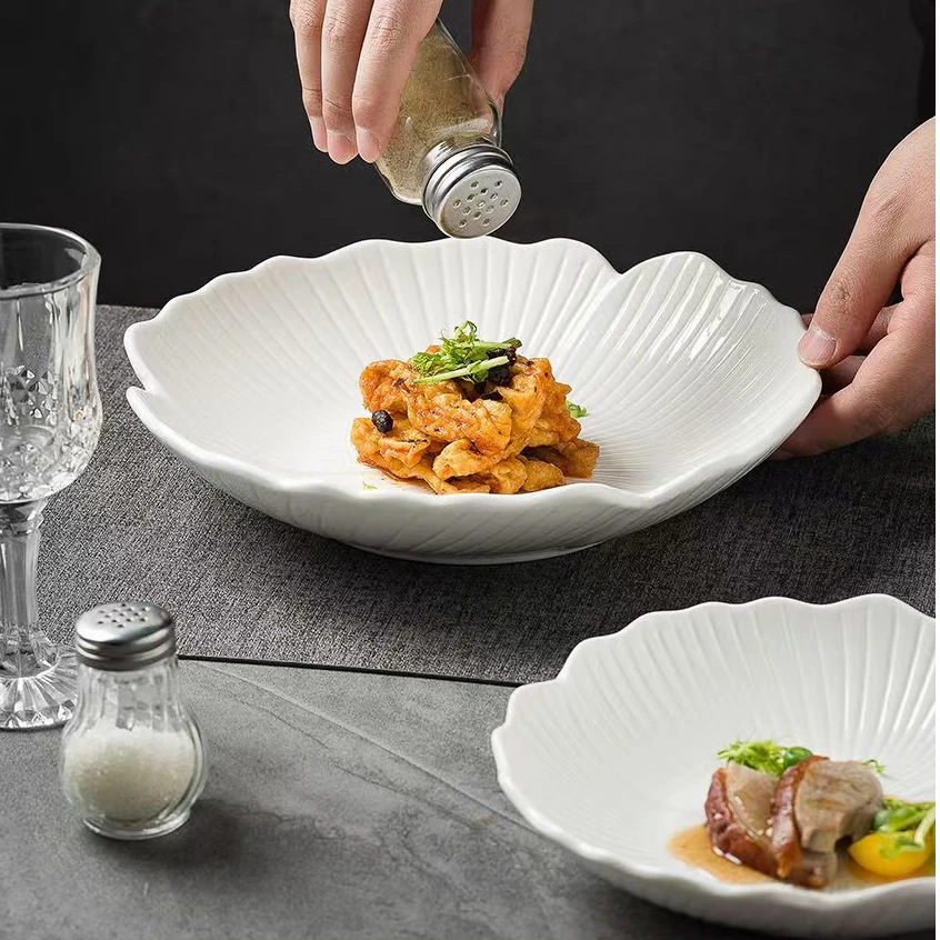 陶瓷纯色汤碗浅碗深盘专用水果碗沙拉碗菜盘子银杏叶盘高颜值餐具