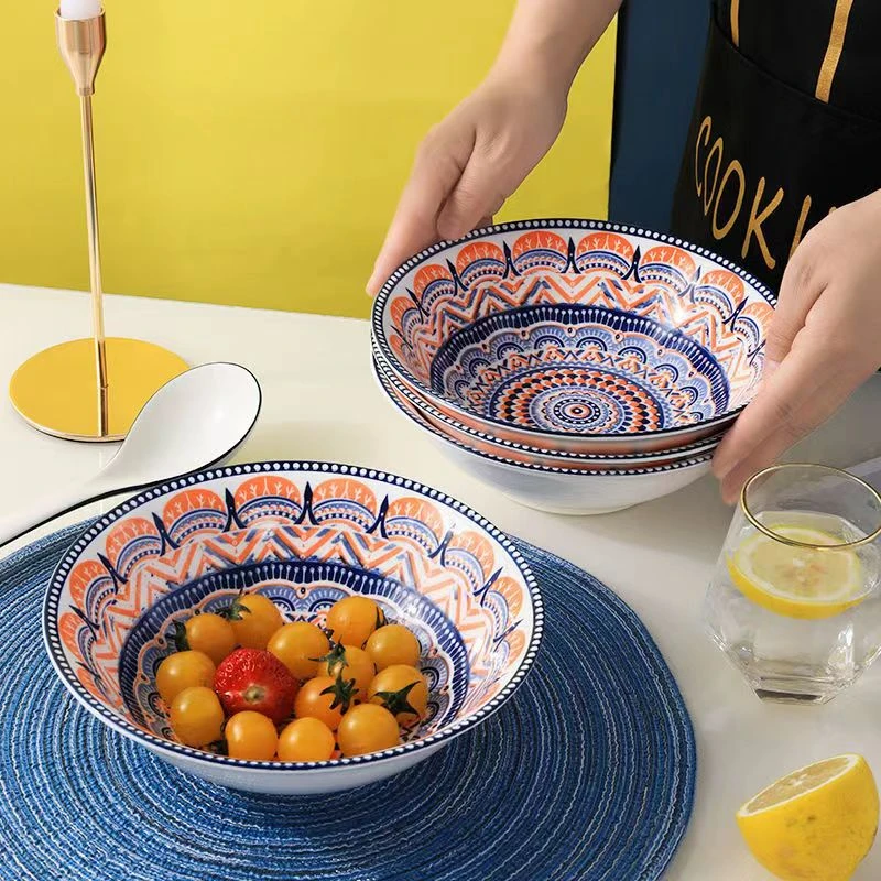 【粉丝专享】8英寸日式家用大汤碗釉下彩工艺 波西米亚风格沙拉碗