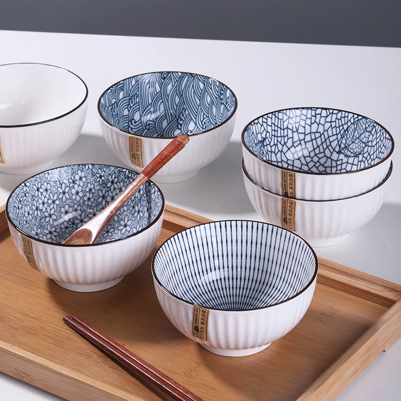 山田花纹4.5英寸竖纹陶瓷碗10个日式米饭碗汤碗硬质吃饭碗日韩