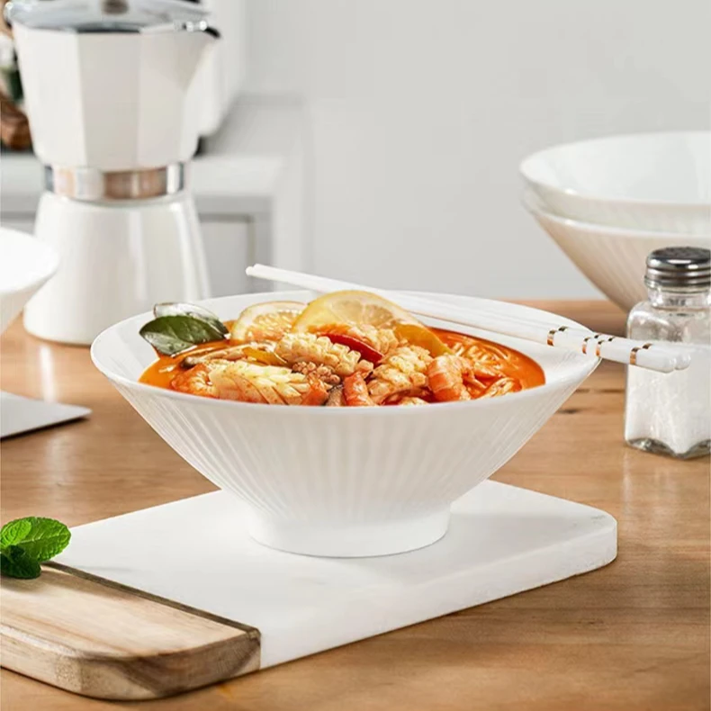 7英寸简约纯白竖纹大号陶瓷陶瓷斗笠碗拌面菜碗沙拉碗家用大汤碗