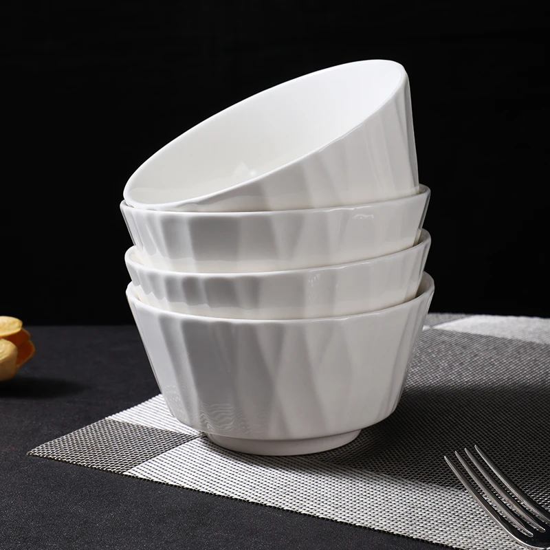 瓷县令琉璃纯白浮雕米饭碗4.5英寸家用陶瓷餐具酒店吃饭碗10只