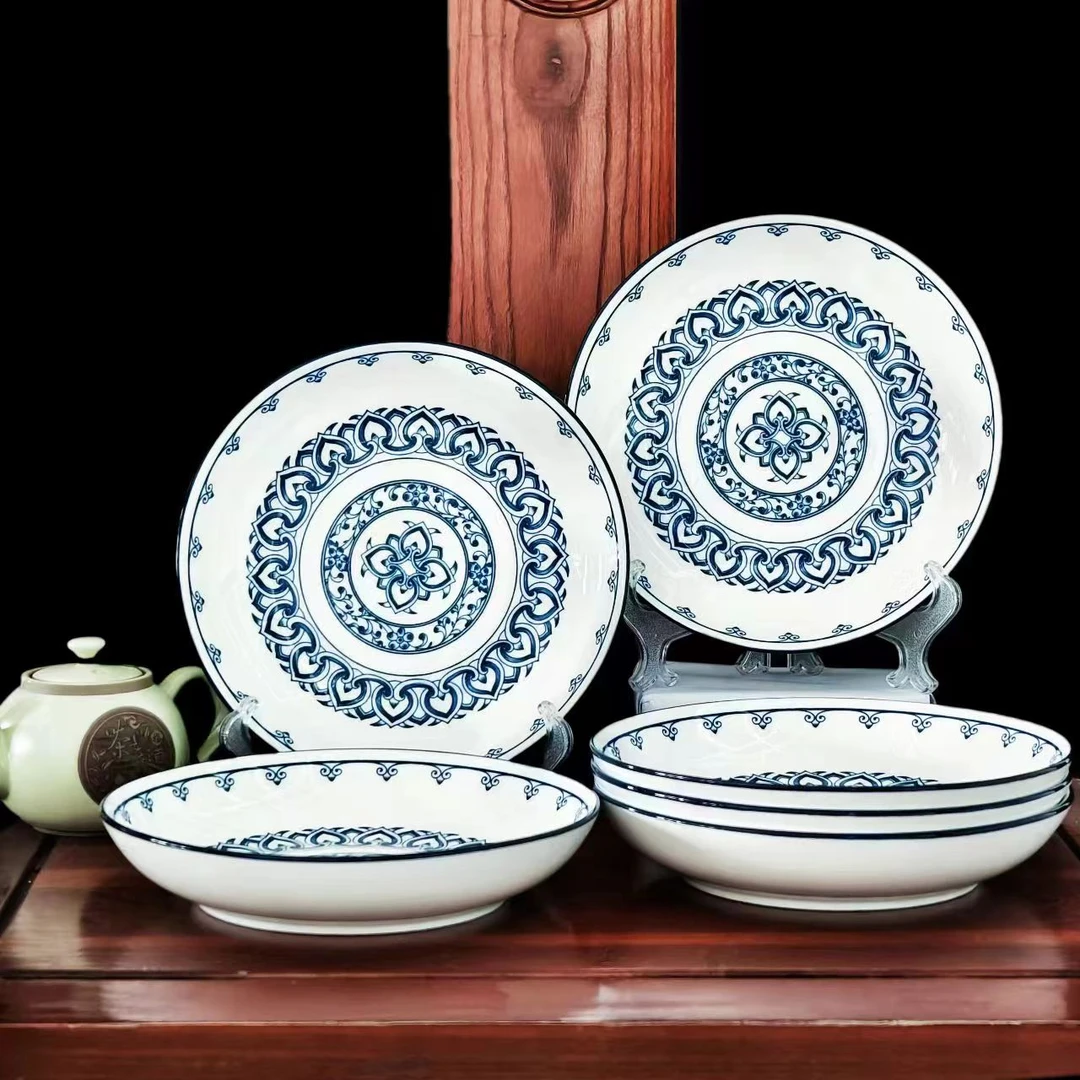 8英寸复古青花华禧盘定制OEM可印LOGO釉下彩盘中式家用陶瓷餐具
