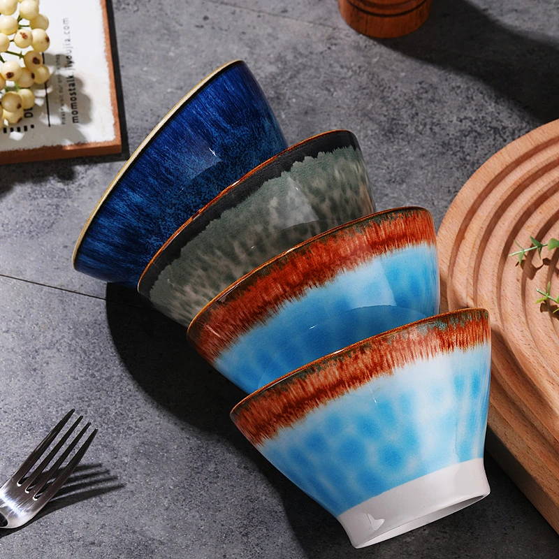 【春季新款】5英寸斗笠碗窑变复古家用陶瓷米饭碗釉下彩蓝色吃饭碗