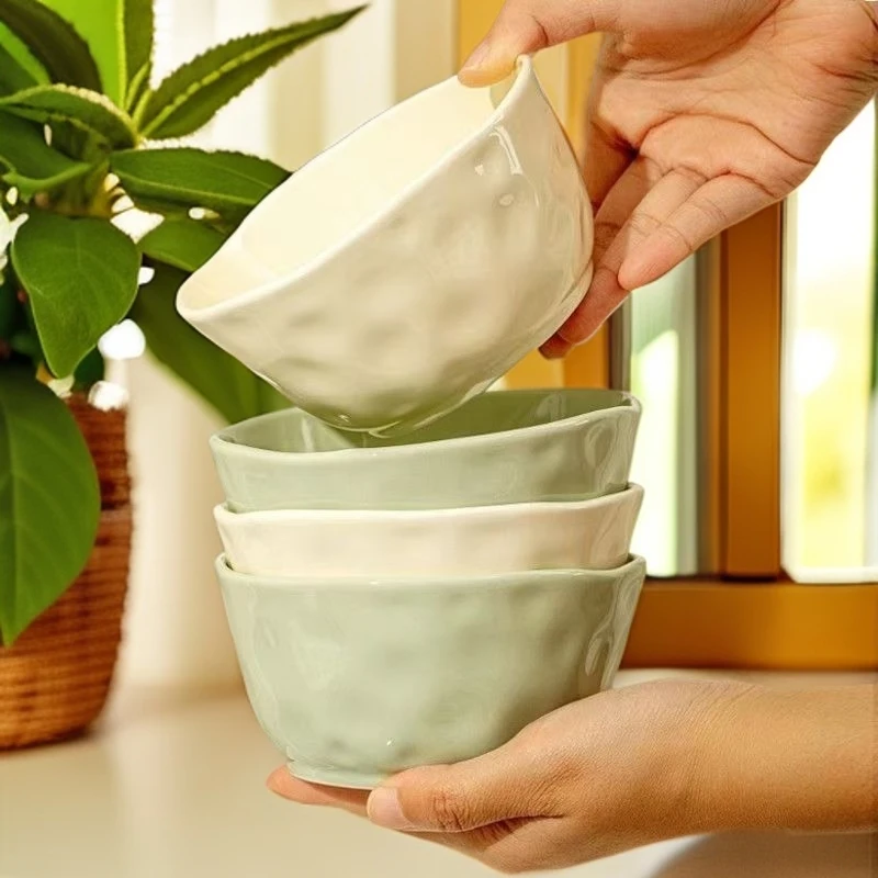 瓷县令【4个装】4.7英寸奶油风米饭碗加厚石纹陶瓷碗 釉下彩工艺