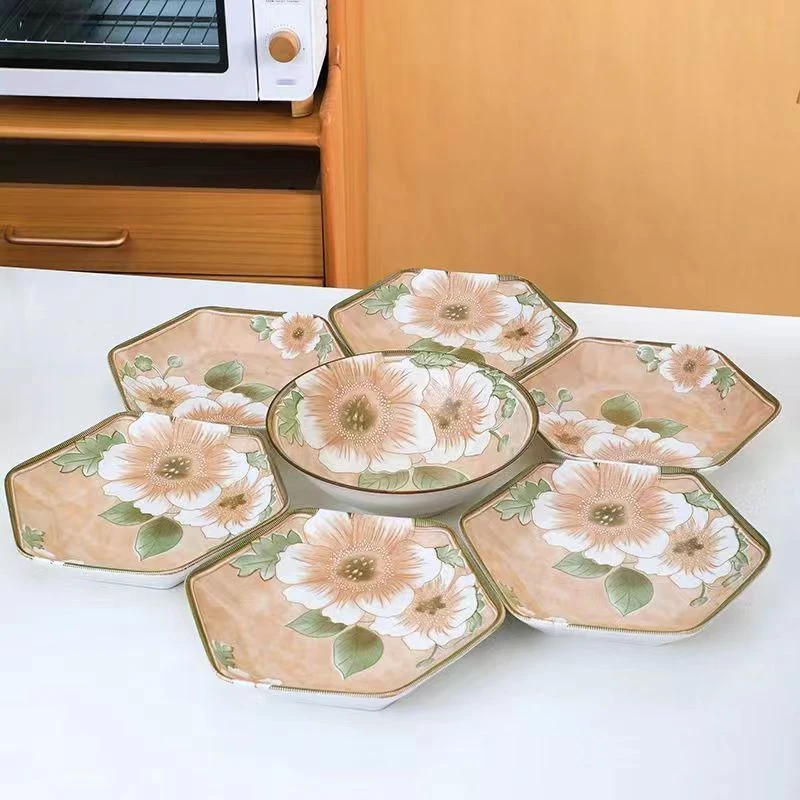 瓷县令山茶花六角盘家用陶瓷餐具正品发货手绘釉下彩盘碟