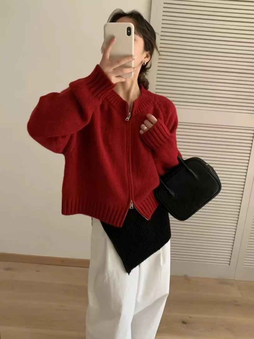 秋冬新款高级感拉链慵懒风气质红色衣毛衣针织开衫女N4095