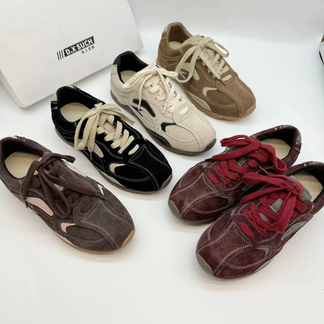 DX 24NEW早秋新款复古真皮德训鞋低帮平底系带轻便百搭拼色女鞋