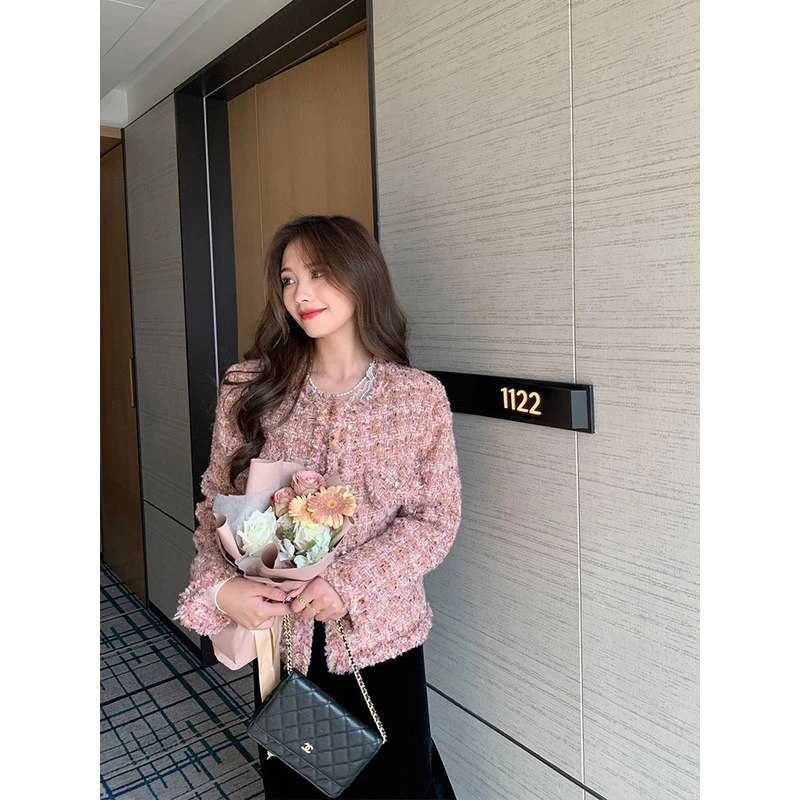 268#粉色小香风外套女秋冬新款韩系温柔风百搭外套上衣