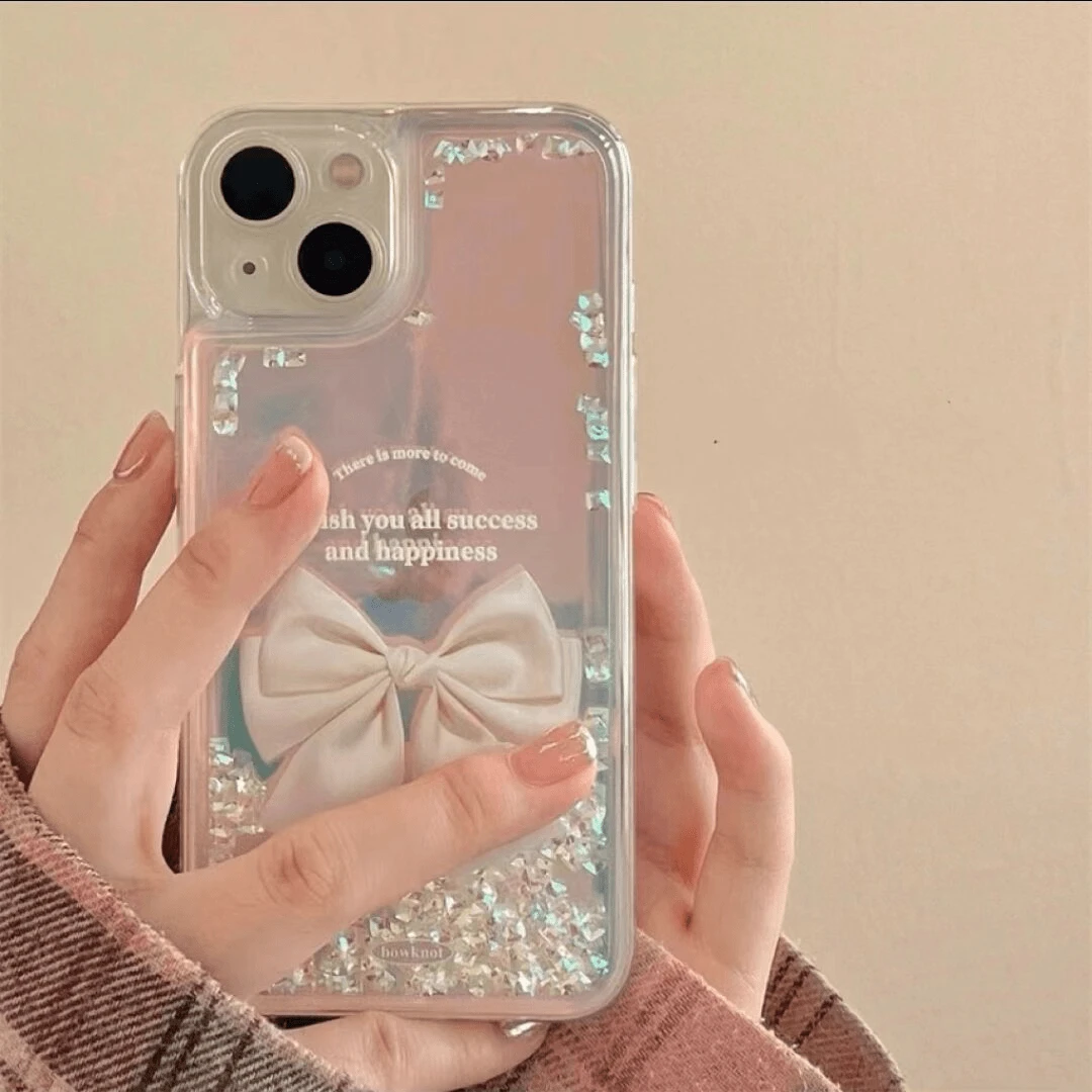 英文白蝴蝶结适用iphone15/14流沙手机壳华为vivo小米oppo