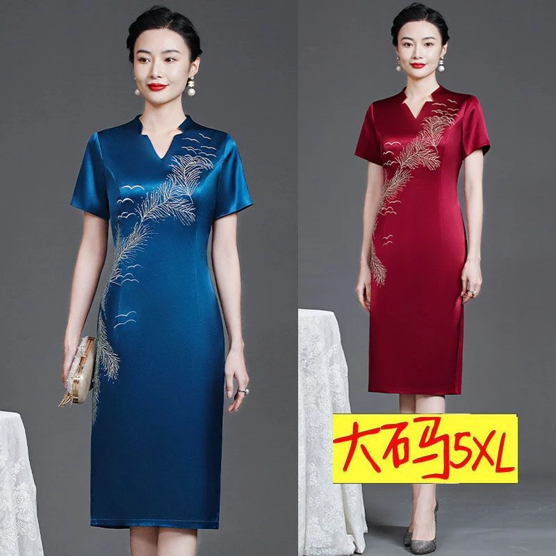 五一喜婆婆婚宴装旗袍高端气质年轻妈妈婚礼服刺绣花醋酸缎连衣裙