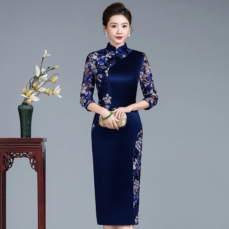 春夏新款婚礼妈妈礼服绣花拼接醋酸缎旗袍显瘦连衣裙喜婆婆婚宴服