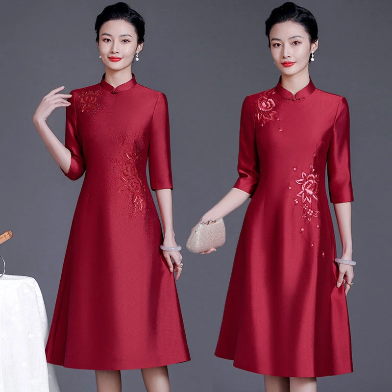 高端秋季喜妈妈婚宴礼服旗袍气质年轻喜婆婆婚宴装钉珠刺绣连衣裙