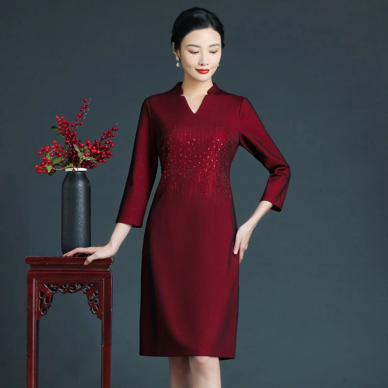 （有加绒款）高贵喜婆婆婚宴装春秋冬旗袍大码婚礼妈妈礼服连衣裙