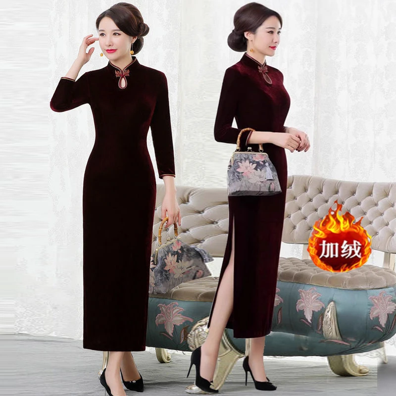 高档婆婆妈妈婚宴礼服改良丝绒旗袍修身敬酒迎宾中国风连衣裙加绒