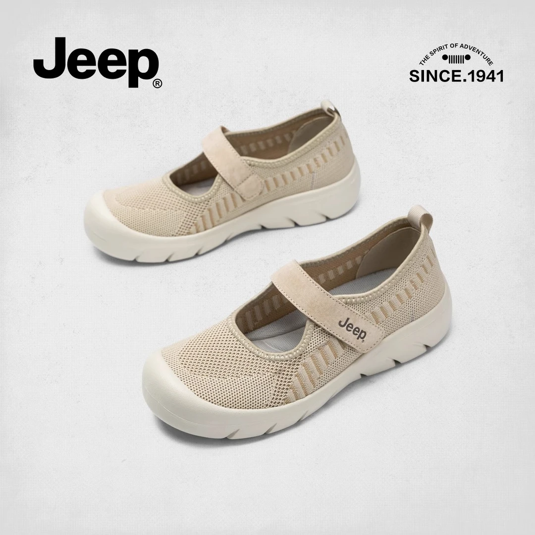 JEEP女士夏天透气网面鞋2024新款魔术贴玛丽珍健步鞋浅口鞋妈妈鞋