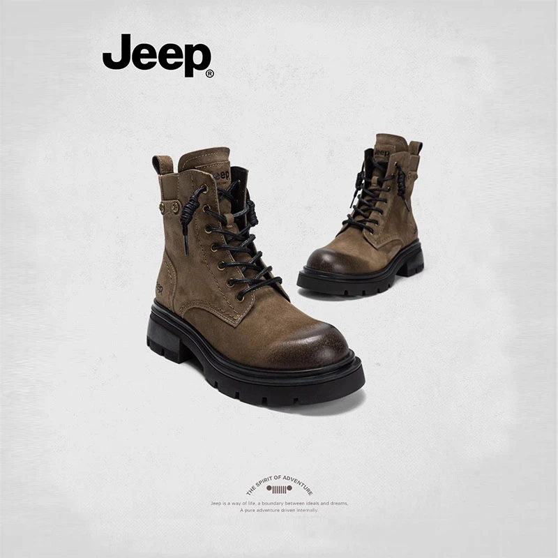 【JEEP吉普】2025秋冬季女士百搭真皮高帮厚底英伦风复古潮流马丁靴