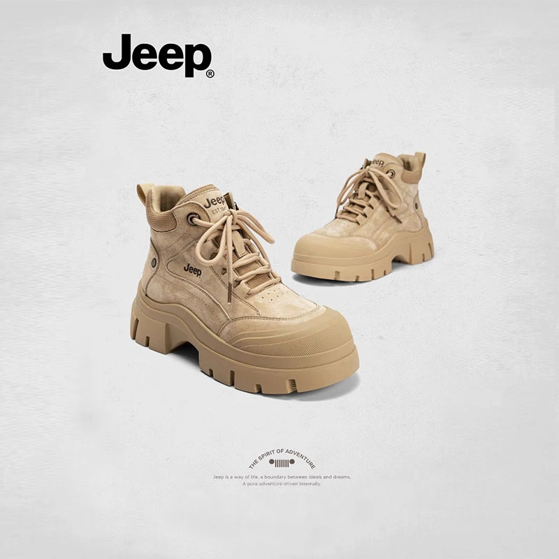 Jeep/吉普2025秋冬季英伦风ins短靴粗跟增高复古厚底真皮马丁靴子