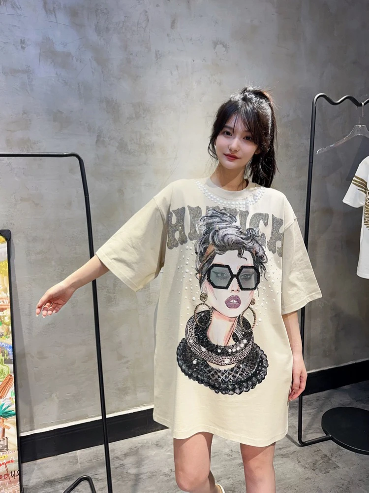夏潮牌烫钻连衣裙蕾丝女神烫钻圆领短袖时髦设计感OVERSIZET恤裙