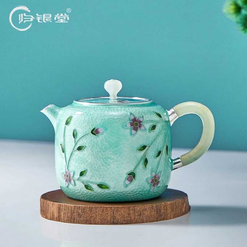 归银堂足银999七宝烧迎春花泡茶壶手工茶壶珐琅彩茶壶茶具