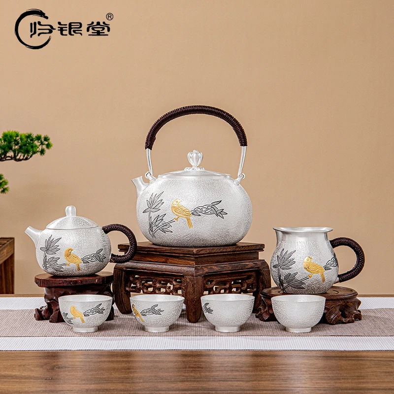 归银堂纯手工大容量泡壶足银999竹子鸟银壶高端茶具中式西施壶