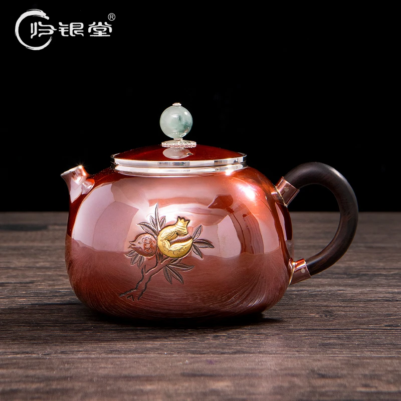 归银堂银壶足银999泡茶壶手工家用银茶壶中式石榴铜包银茶具银器