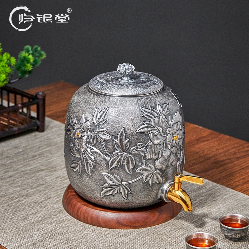 归银堂足银999錾刻凤凰牡丹中式储水缸高档家用茶具GS-HYSG231101
