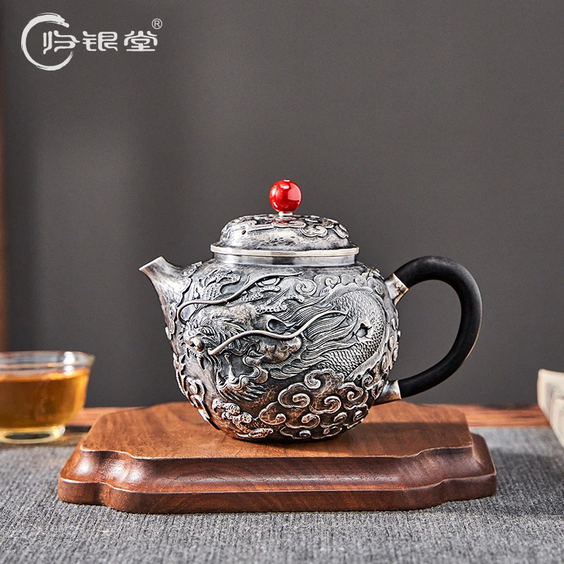 归银堂足银999纯手工浮雕龙泡茶壶中式高档茶具GS-YPCH221010