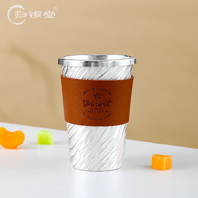 归银堂足银999带盖斑马纹啤酒杯茶具牛奶杯咖啡杯GS-DYCB220704