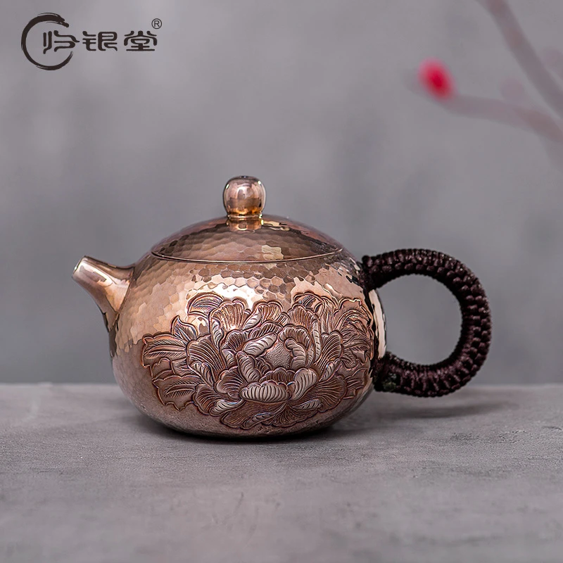 归银堂足银999亮咖牡丹泡茶壶西施壶手工茶壶茶具GS-HCH200604