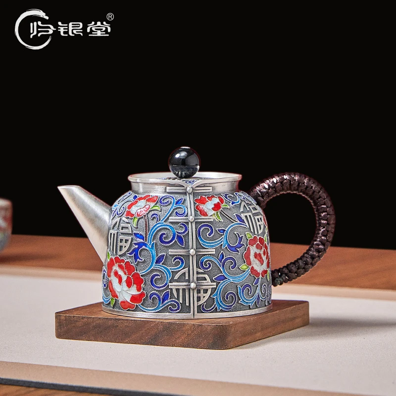 归银堂足银999景泰蓝掐丝珐琅唐装泡茶壶公道杯高端茶具送礼茶具