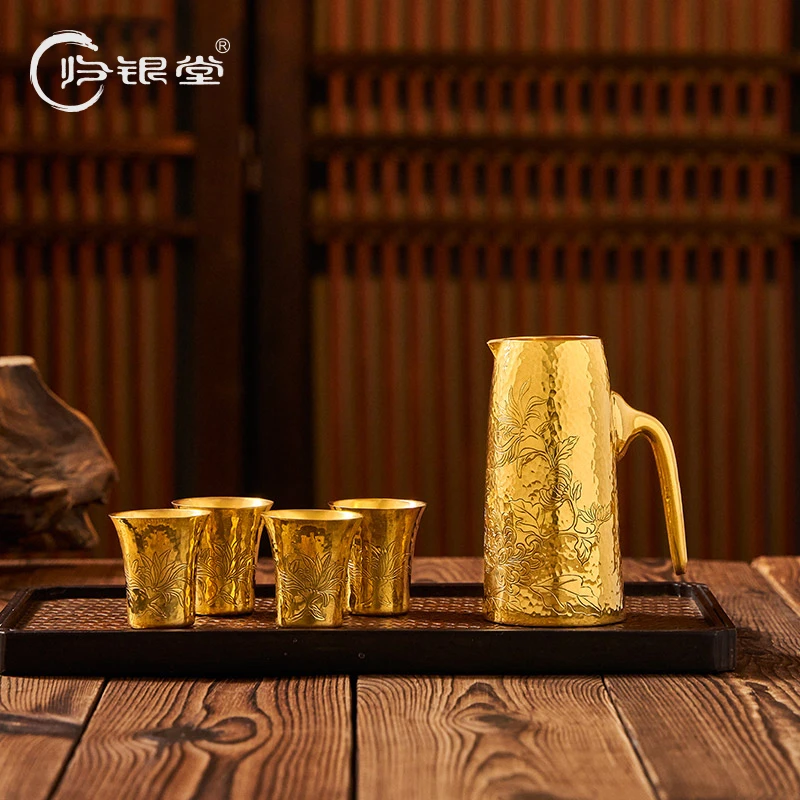 归银堂足银999高档分酒器酒杯锤纹镀金银器酒具茶具GS-ZJH220801