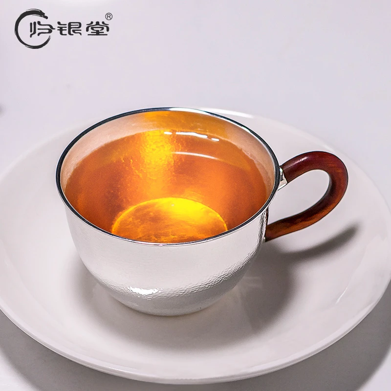 归银堂足银999木把咖啡杯茶杯大容量手工银杯茶具GS-HKFB220301