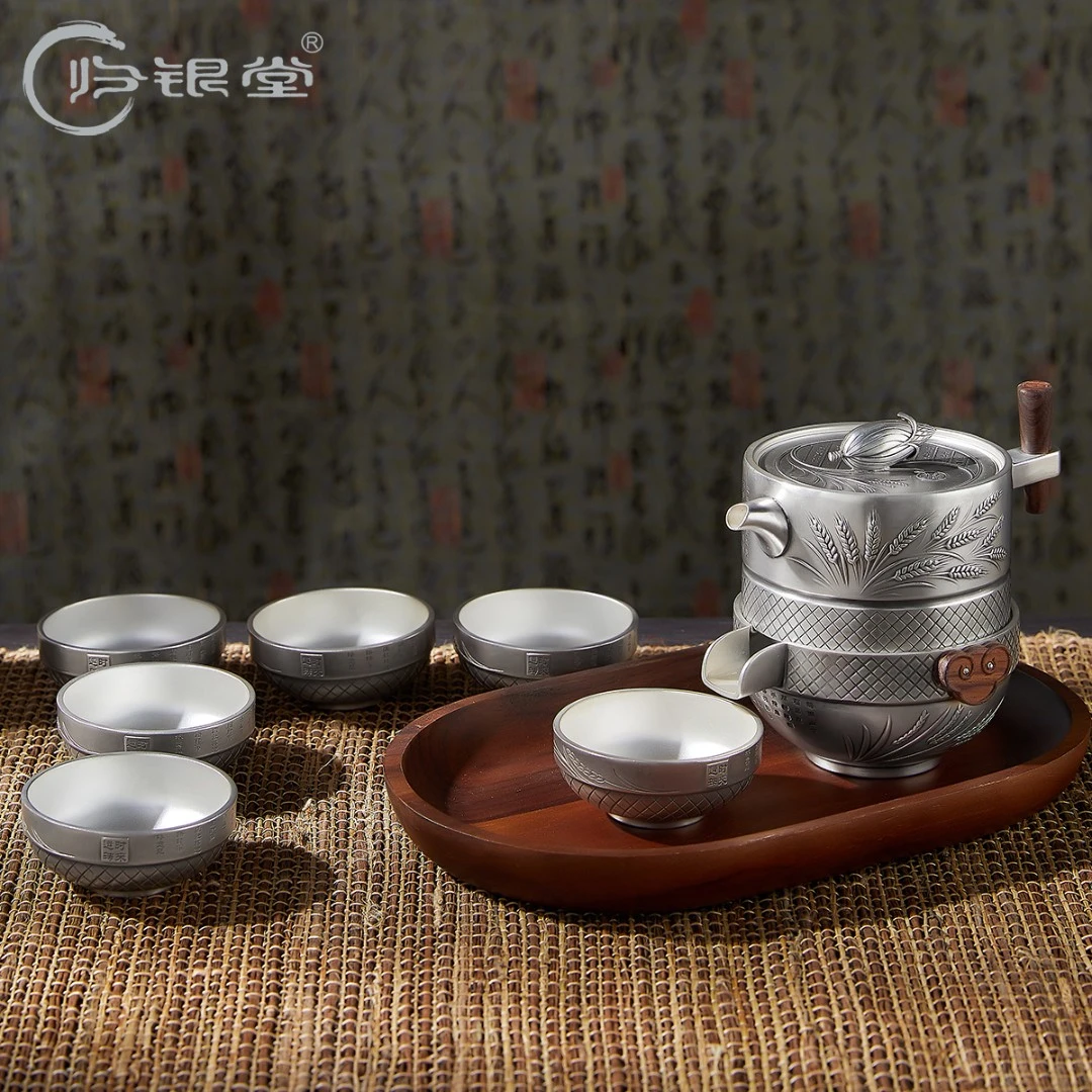 归银堂足银石磨套装茶具泡茶壶主人杯公道杯家用中式银壶创意银杯