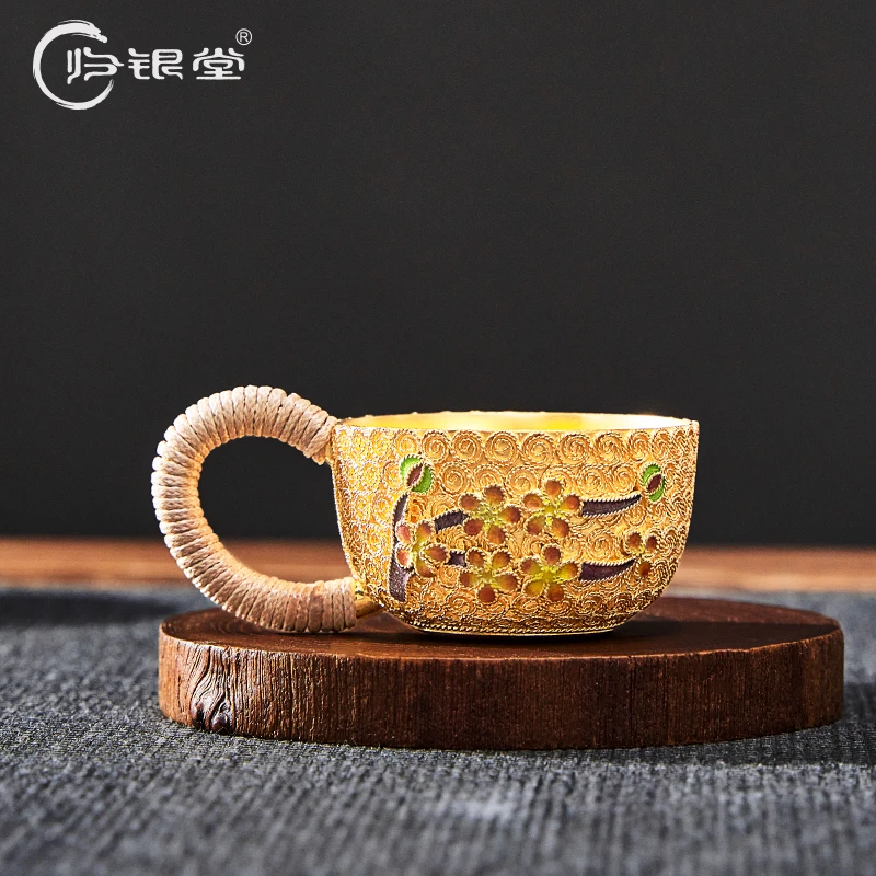 归银堂足银999景泰蓝喜上眉梢主人杯珐琅彩高端茶具GS-HYCB221002