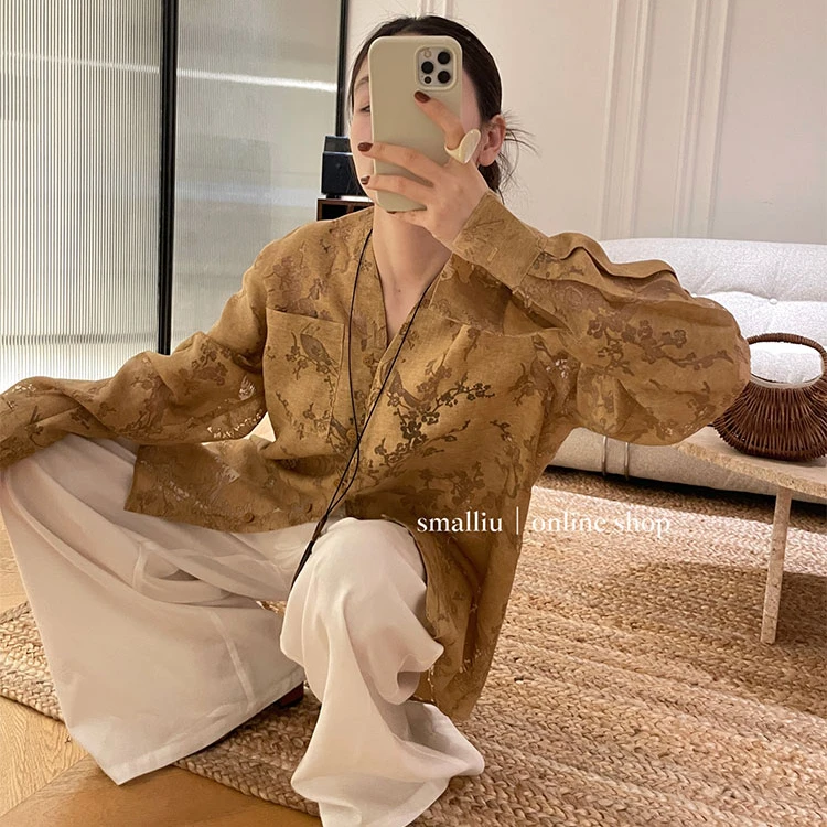 SMALLIU提花鸟图案夏季新中式透视高领衬衫财阀千金女装