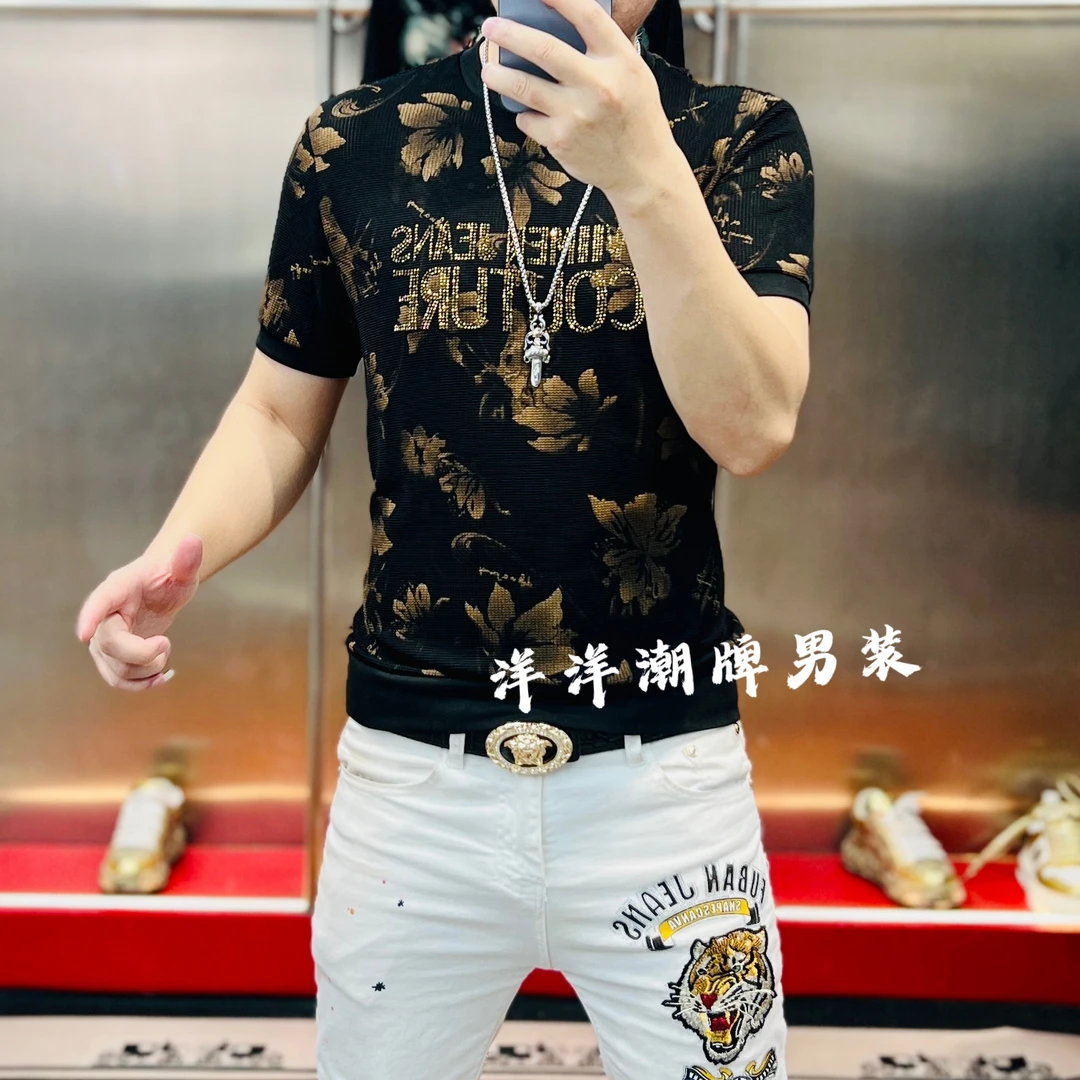 洋洋家夏季新款高清提花烫钻荷花字母时尚百搭显瘦网红男短袖T恤