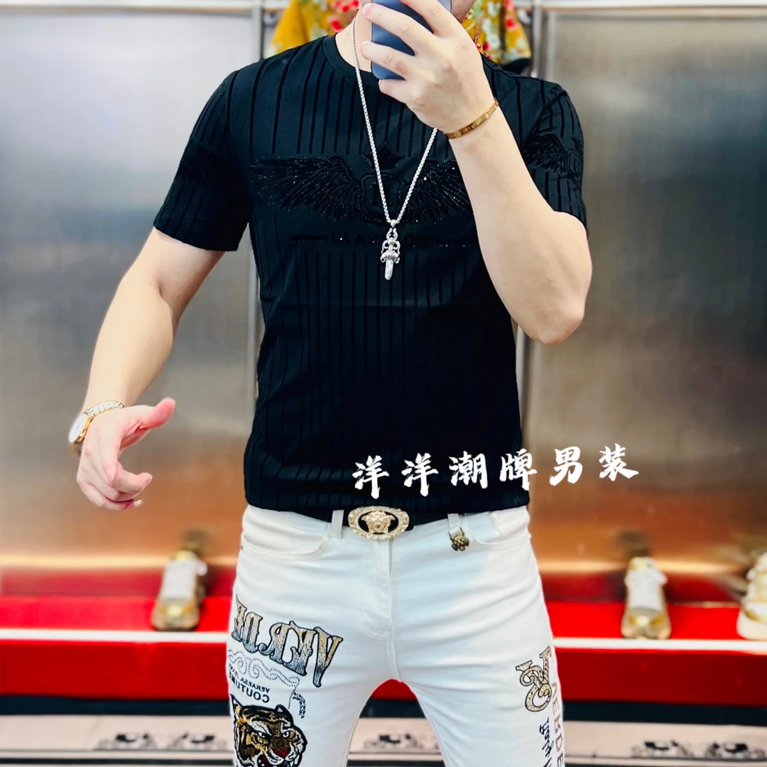 洋洋家 夏季新款植绒烫钻小翅膀时尚百搭网红高定男士圆领短袖T恤