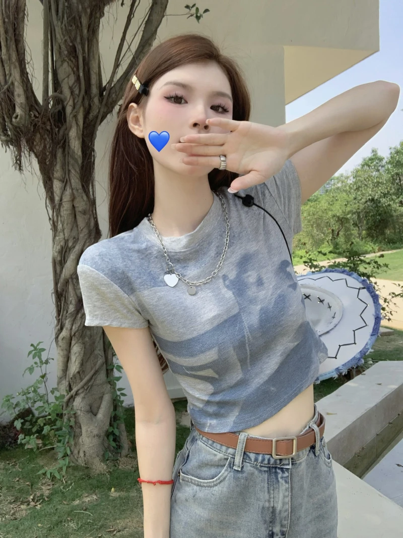 短款上衣灰色美式复古正肩短袖T恤女夏季小众性感露脐辣妹体恤薄