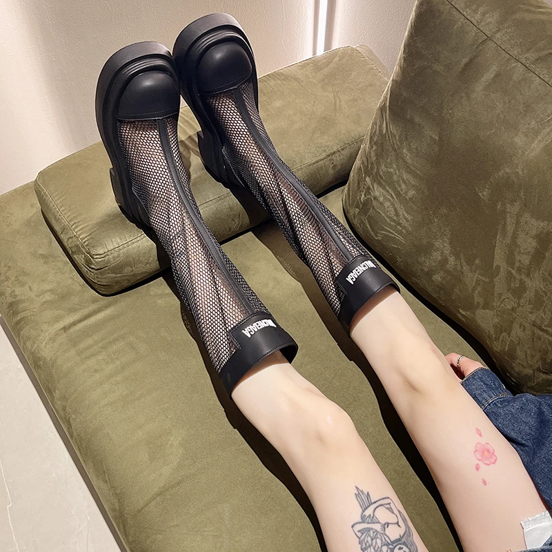 长筒网靴女2024夏季新款夏天粗腿厚底透气薄款高筒镂空长靴凉靴子