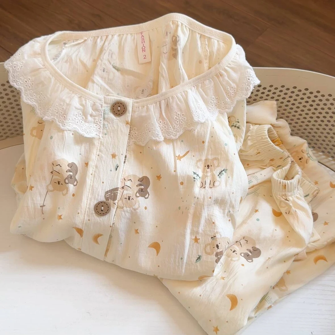 薄款春秋睡衣女可爱月亮考拉长袖花边学生开衫云朵棉家居服套装