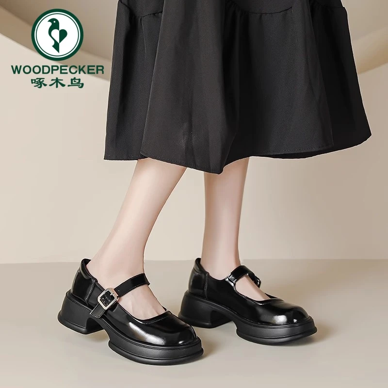 啄木鸟玛丽珍鞋女2024夏新款圆头厚底小皮鞋学院风jk鞋子粗跟单鞋